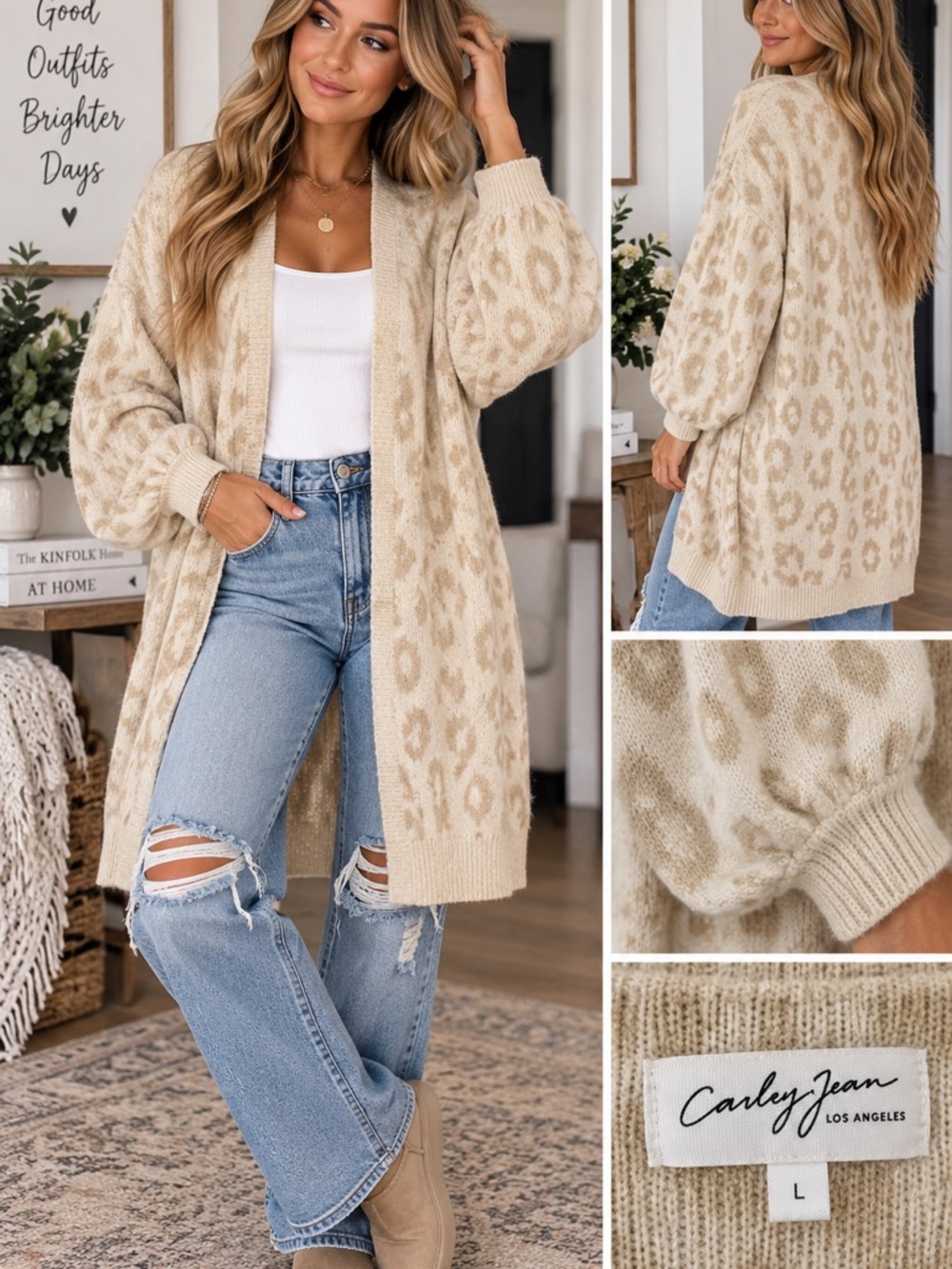 Carly Jean Los Angeles Cream Leopard Print Open Front Duster Cardigan